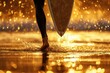 © Damen - Surfer Walking on Shore at Sunset with Glowing Waves and Sparkling Water Droplets