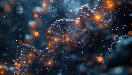 Poster - Abstract DNA Structure with Glowing Particles in a Dark Space Environment