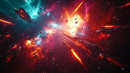 Wall Mural - space battle scene with starships and lasers, deep space, cosmic background, sci-fi action, high det