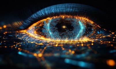 Poster - Futuristic Digital Eye with Glowing Network Connections and Bright Data Elements in Dark Background