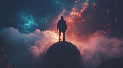 Wall Mural - space traveler standing on glowing asteroid, cosmic view of nebula, celestial and surreal