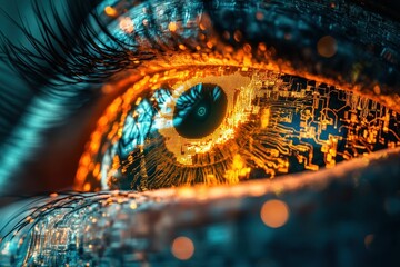 Poster - Intricate Close-Up of Human Eye with Circuit Board Patterns and Glowing Orange Highlights