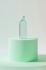 Fototapete - Clear bottle standing on a green podium for product photography