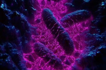 Poster - Microscopic View of Bacteria in Vibrant Purple Light Against a Dark Background