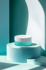 Poster - Turquoise cosmetic jar displayed on a minimalist podium