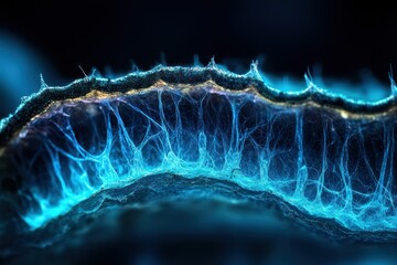 Poster - Intricate Structure of Bioluminescent Fiber with Electric Blue Glow and Textured Edges