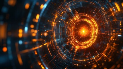 Poster - Abstract Technology Background with Vibrant Orange and Blue Circles and Lights in Digital Space