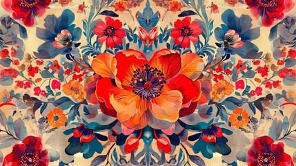 Wall Mural - traditional floral fabric pattern with red flowers, vibrant and intricate, symmetrical and bold, art