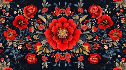 Wall Mural - traditional floral fabric pattern with red flowers, vibrant and intricate, symmetrical and bold, art