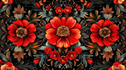 Wall Mural - traditional floral fabric pattern with red flowers, vibrant and intricate, symmetrical and bold, art