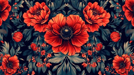 Wall Mural - traditional floral fabric pattern with red flowers, vibrant and intricate, symmetrical and bold, art