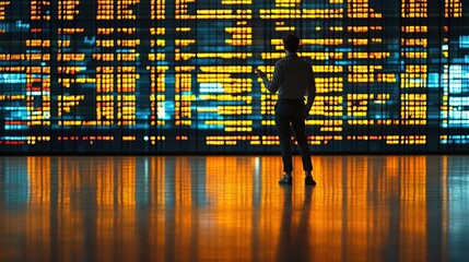 Poster - Business person reviewing data wall, modern office, colorful digital display