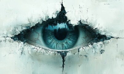 Poster - Surreal Eye Design Revealing Underlying Cityscape Through Cracked Surface of Wall