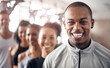 © peopleimages.com - Friends, row and portrait of man in gym for fitness, exercise and training in sports club. Happy, athlete team and line of men and women smile for wellness, class leader and workout for health