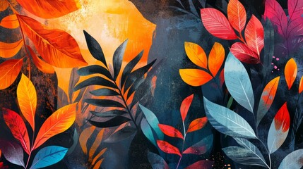 Wall Mural - vivid botanical patterns with radiant light, dynamic and artistic composition, textured and clean de