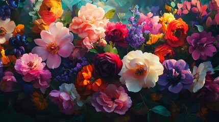 Wall Mural - vivid floral arrangements with glowing light, dynamic and radiant composition, textured and artistic