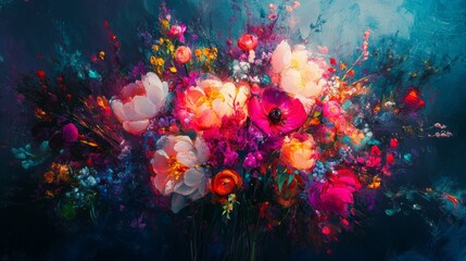 Wall Mural - vivid floral arrangements with glowing light, dynamic and radiant composition, textured and artistic
