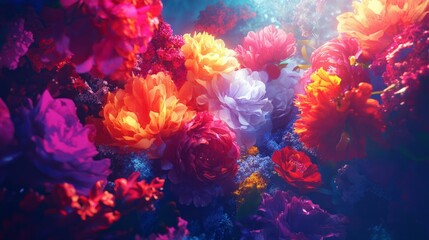 Wall Mural - vivid floral arrangements with glowing light, dynamic and radiant composition, textured and artistic