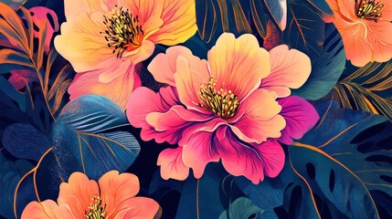 Wall Mural - vivid floral illustrations with bold contrasts, artistic and dynamic composition, textured and radia