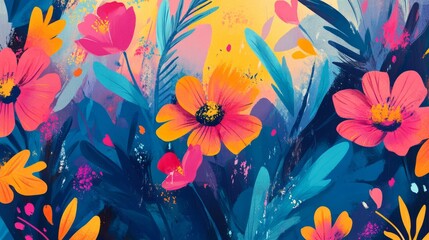 Wall Mural - vivid floral illustrations with bold contrasts, artistic and dynamic composition, textured and radia
