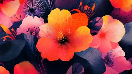 Wall Mural - vivid floral illustrations with bold contrasts, artistic and stylish composition, textured and radia