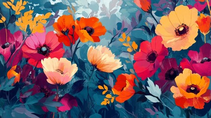 Wall Mural - vivid floral illustrations with bold contrasts, artistic and stylish composition, textured and radia