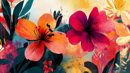 Wall Mural - vivid floral illustrations with bold contrasts, artistic and dynamic composition, textured and radia