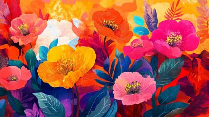 Wall Mural - vivid floral illustrations with bold contrasts, artistic and vibrant composition, textured and radia
