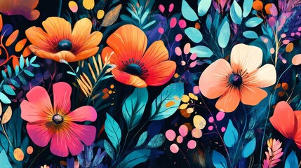 Wall Mural - vivid floral illustrations with bold contrasts, artistic and stylish composition, textured and radia