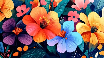 Wall Mural - vivid floral illustrations with bold contrasts, artistic and vibrant composition, textured and radia