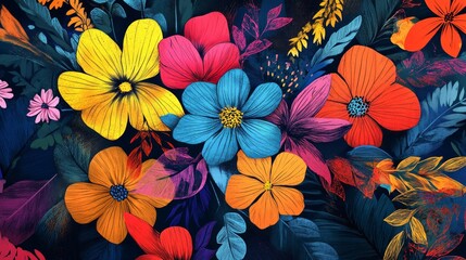 Wall Mural - vivid floral illustrations with intricate details, artistic and vibrant composition, textured and mo