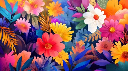 Wall Mural - vivid floral illustrations with bold contrasts, artistic and vibrant composition, textured and radia