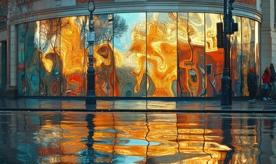 Poster - Reflections of Colorful Urban Scene in Glass Facade with Vibrant Patterns and Water Ripples