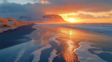 Wall Mural - a captivating bright sunset over the sand beaches , with towering mountains in the background.
