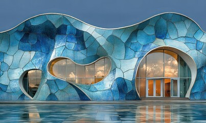 Poster - Contemporary Architecture with Colorful Facade and Reflections in Waves of Blue Shades