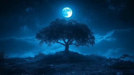 Wall Mural - A glowing tree in a blue light, atop the hill, a full moon in the sky, a fantasy world.