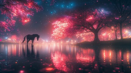 Wall Mural - The horse in the fantasy forest with lake and luminate trees.