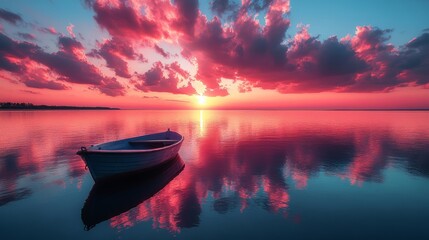 Wall Mural - beautiful bright sunset clouds, reflecting on the water in the lake, a small boat floating in front 