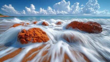 Wall Mural - landscape long-exposure photo of rocks on the beach at sunset with waves in motion, dramatic clouds.