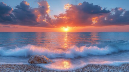 Wall Mural - landscape long-exposure photo of rocks on the beach at sunset with waves in motion, dramatic clouds.
