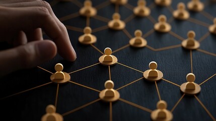 Poster - Hand connecting network of gold people icons on dark wooden surface