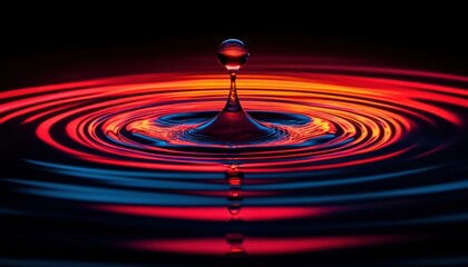 Poster - Close-Up View of Droplet Causing Ripples in Vibrant Colorful Water Surface at Night