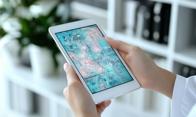 Poster - Hands Holding Tablet Displaying Digital Interface of Modern Technology in Contemporary Office