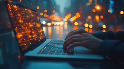 Poster - Person typing on laptop, city lights background, digital data display