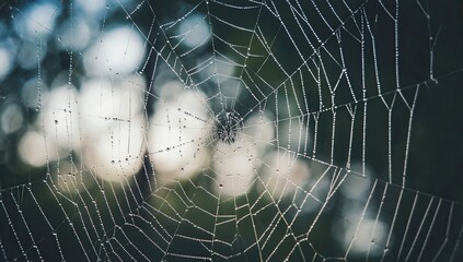 A spider web covered in morning dew with sunlight reflections. Ideal for nature, delicacy, minimalism, macro photography, and ecosystem balance themes