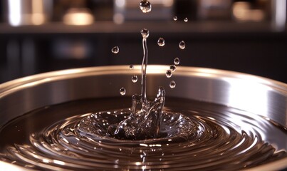Poster - Water Droplet Splash Creating Circular Ripples in Shiny Metal Bowl