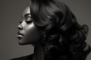 Wall Mural - A profile view of a woman with long, curly hair and a smooth complexion against a dark background.