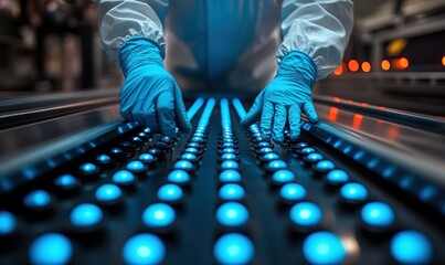 Poster - Hands in Blue Gloves Working with Blue Lit Buttons in a High-Tech Laboratory Environment