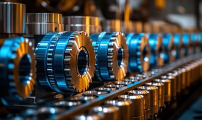 Poster - Close-Up of Metallic Gears and Cogs in Industrial Setting Highlighting Precision Engineering