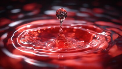 Poster - Water Droplet Splashing in Red Liquid Creating Ripples and Reflections in a Smooth Surface